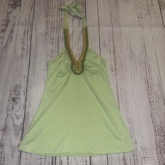 LIPSTICK Y2K Vintage Lime Green Fairy Flowy Beaded Halter Top-S - Picture 2 of 7
